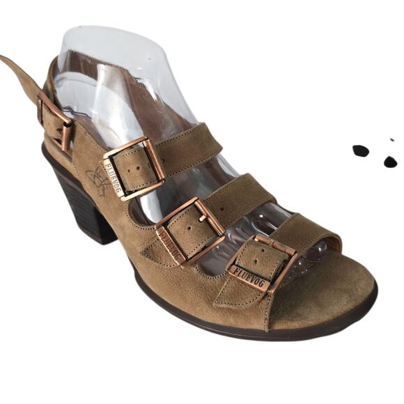John Fluevog Sunny Tan Nubuck Leather Strappy Buckle Sandal Heeled 11